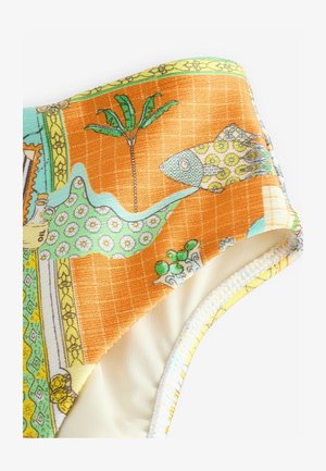 Colorful bikini fabric featuring orange, green, and aqua patterns with fish, flowers, and palm tree motifs; smooth texture with a white trim.