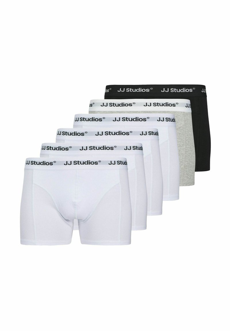 Set aus fünf Herren-Boxershorts in weißen, grauen und schwarzen Stoffen. Jede mit einem elastischen Bund mit "JJ Studios" Branding.