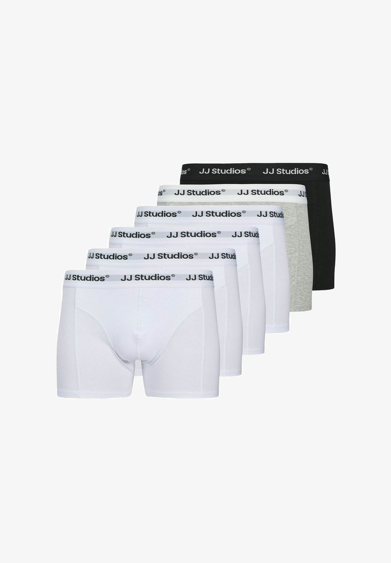 Set aus fünf Herren-Boxershorts in weißen, grauen und schwarzen Stoffen. Jede mit einem elastischen Bund mit "JJ Studios" Branding.