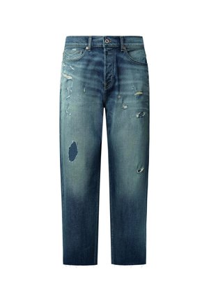 Blå denimjeans med en blekt tvätt, featuring slitna detaljer, synliga lappar, rak passform och fransade fållar.