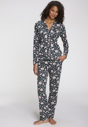 Pyjama-Set mit Blumendruck in Dunkelgrün mit pinken und weißen Blumen. Besteht aus einem langärmligen, durchgeknöpften Oberteil und passenden Hosen. Weicher Stoff.