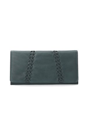 Green leather wallet featuring a smooth texture and decorative woven accents along the center. Flap closure with no visible hardware.