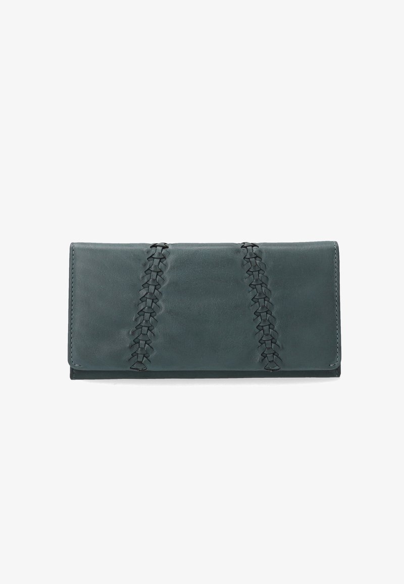 Green leather wallet featuring a smooth texture and decorative woven accents along the center. Flap closure with no visible hardware.