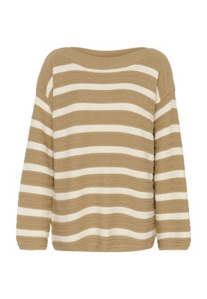 Beige- und cremefarbener gestreifter Pullover mit einem lässigen Schnitt, weitem Ausschnitt und strukturiertem Strick. Lange Ärmel und gerippter Saum.