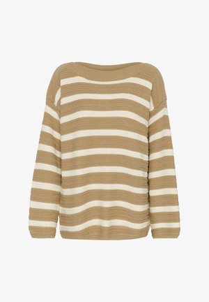 Beige- und cremefarbener gestreifter Pullover mit einem lässigen Schnitt, weitem Ausschnitt und strukturiertem Strick. Lange Ärmel und gerippter Saum.