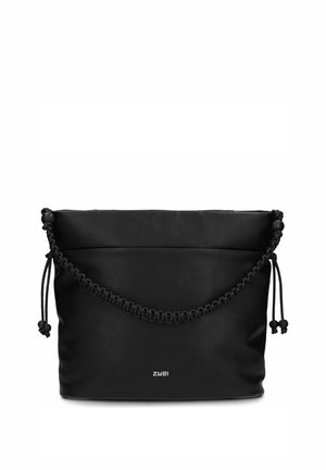 Borsa a tracolla in pelle nera con tracolla intrecciata e chiusure a coulisse su ogni lato, con piccolo logo "zwei" al centro davanti.