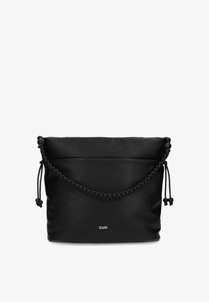 Borsa a tracolla in pelle nera con tracolla intrecciata e chiusure a coulisse su ogni lato, con piccolo logo "zwei" al centro davanti.