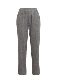 Pantalons à motif pied-de-poule gris avec une taille élastique et une coupe fuselée, dotés d'une texture lisse et d'un matériau léger.