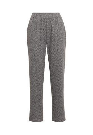 Pantaloni grigi a motivo houndstooth con una vita elasticizzata e design con gamba affusolata, caratterizzati da una texture liscia e materiale leggero.
