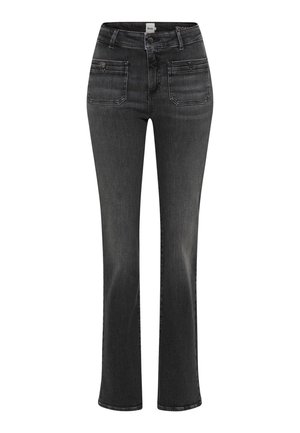 Zwarte flared jeans van denim met een middenhoogte taille, twee voorzakken, contrasterende stiksels en een gladde textuur.