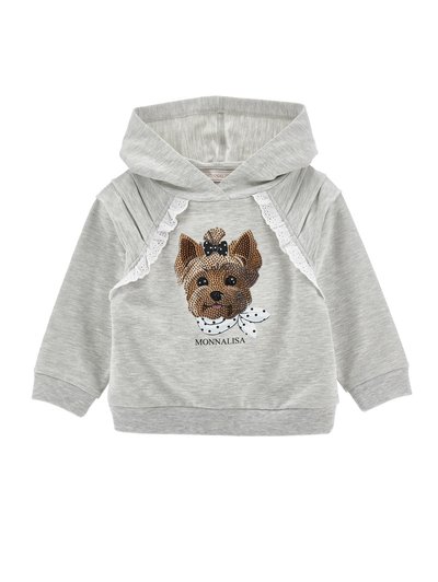 Ανοιχτό γκρι φούτερ για νήπια με βολάν από δαντέλα και κεντημένο με παγιέτες προσωπάκι σκύλου που φοράει φιόγκο πουά και κασκόλ στο εμπρός μέρος.