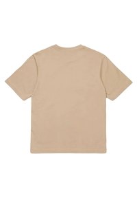 T-shirt a maniche corte di un colore beige chiaro uniforme, realizzato in cotone morbido, con scollatura rotonda e vestibilità standard. Senza loghi o motivi visibili.