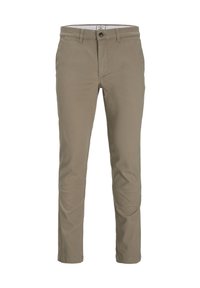 Pantalon beige ajusté en coton, doté d'une fermeture à boutons sur le devant, de deux poches latérales, et d'une texture de tissu lisse et robuste.