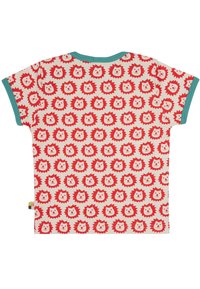 Korte mouwen t-shirt in roomkleur met een herhalend patroon van rode en witte leeuwengezichten, voorzien van turquoise contrast bij de halslijn.