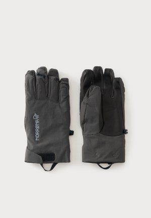 Paire de gants d'extérieur gris avec paume en cuir noir et logo Norrona au dos du gant gauche, présentée à plat sur fond blanc.