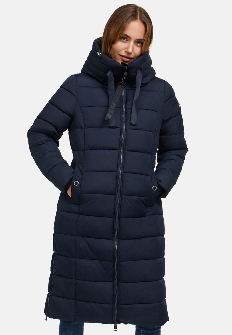 Navy puffer coat with a high collar, front zipper, and side pockets, featuring horizontal quilted design and adjustable drawstrings.