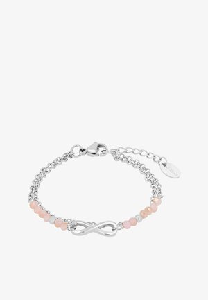 Pulsera de cadena de plata con cuentas rosas y plateadas, con un símbolo de infinito en el centro y un cierre para ajuste.