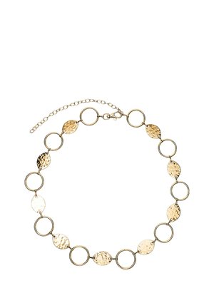 Goldfarbene Halskette mit abwechselnd strukturierten ovalen und runden offenen Gliedern, mit Karabinerverschluss und verstellbarer Verlängerungskette.