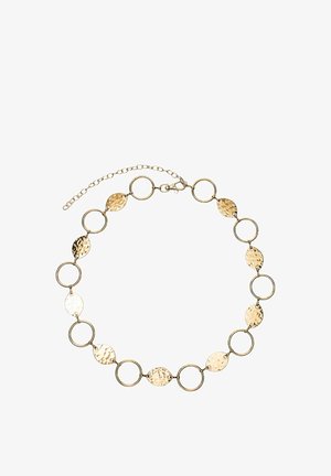 Goudkleurige kettingketting met afwisselend getextureerde ovale en ronde open schakels, met een karabijnsluiting en verstelbare verlengketting.