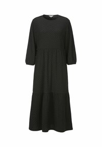 Musta pitkähihainen mekko pyöreällä kaula-aukolla, kerrostetulla designilla ja pienillä kullansävyisillä pisteillä. Valmistettu teksturoidusta kankaasta, jossa on hulmuava siluetti.