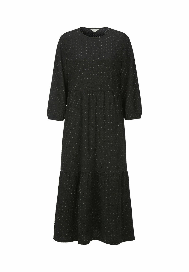 Musta pitkähihainen mekko pyöreällä kaula-aukolla, kerrostetulla designilla ja pienillä kullansävyisillä pisteillä. Valmistettu teksturoidusta kankaasta, jossa on hulmuava siluetti.