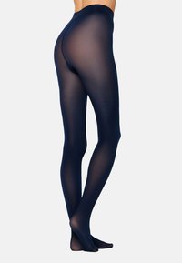 Marineblaue, transparente Strumpfhosen mit glatter Textur, hohem Bund und enger Passform, die Beine und Füße ohne Muster oder Verzierungen betont.