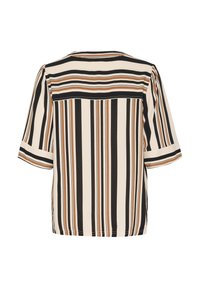 Stribet kortærmet bluse i creme, sort og brune nuancer. Har lodrette striber og en simpel rund halsudskæring. Glat stofstruktur.