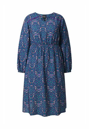 Langärmliges knielanges Kleid mit gerafftem Taillenbereich, das ein lebhaftes geometrisches Blumenmuster in Blau, Lila und Pink zeigt.