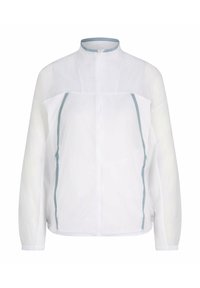 Witte windjack met een hoge kraag, mesh zijpanelen en lichtblauwe accenten. Voorzien van een ritsluiting en lange, licht elastische mouwen.