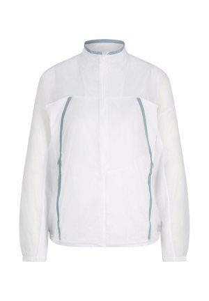 Giacca a vento bianca con colletto alto, pannelli laterali in mesh e dettagli azzurri. Presenta chiusura con zip e maniche lunghe, leggermente elastiche.