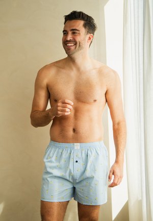 Smilende, skjorteløs mand iført lyseblå mønstrede boxershorts står ved et solbeskinnet vindue med en beige væg i baggrunden.