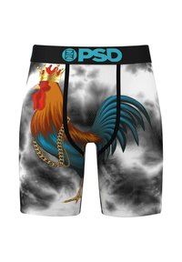 Színes boxer alsónemű, nagy kakas grafikával, koronával és aranylánccal, felhős szürke háttérrel. Fekete derékpánt.