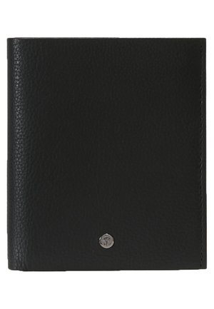Črn usnjeni denarnica z teksturirano površino, zasnova na prepogib, in srebrni dodatek v obliki logotipa spredaj za dodaten detajl.