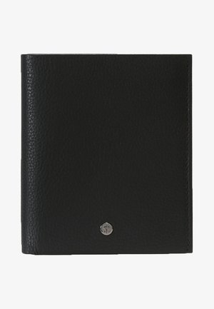 Črn usnjeni denarnica z teksturirano površino, zasnova na prepogib, in srebrni dodatek v obliki logotipa spredaj za dodaten detajl.