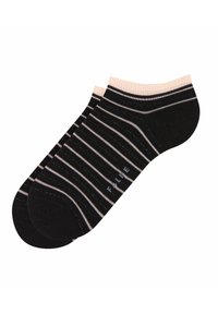 Schwarze Knöchelsocken mit horizontalen rosa und weißen Streifen, gerippten Bündchen und glatter Textur; seitlich mit "F I L E" beschriftet.
