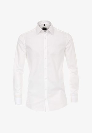 Weißes Hemd mit langen Ärmeln, Knopfverschluss vorne, klassischem Kragen und glatter Textur. Aus leichtem Stoff gefertigt.