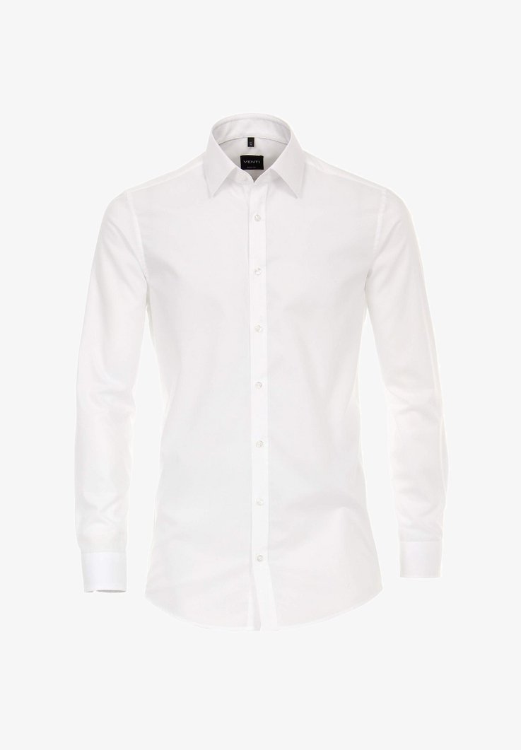 Weißes Hemd mit langen Ärmeln, Knopfverschluss vorne, klassischem Kragen und glatter Textur. Aus leichtem Stoff gefertigt.