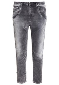 Gray denim pants with a slightly faded finish, featuring a five-pocket design, belt loops, and contrasting stitching on the seams.