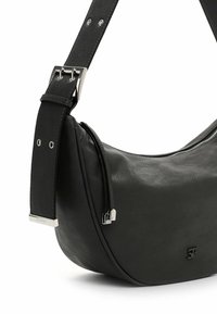 Black leather shoulder bag with silver buckle, zipper, and small "SF" logo on front, featuring adjustable strap with metal grommets.