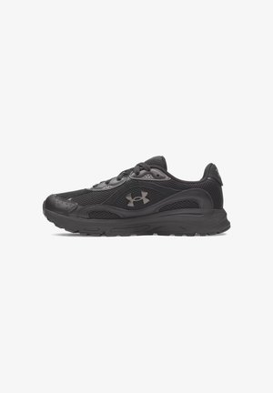 Black athletic sneaker with mesh and synthetic overlays, lace-up design, cushioned sole, and Under Armour logo on side.