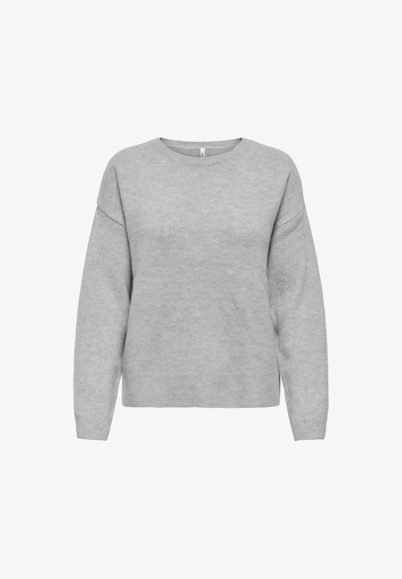 Pull en maille gris clair à manches longues, poignets, ourlet côtelés et encolure ronde, présenté sur fond blanc.