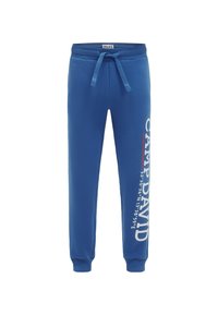 Blaue Jogginghose mit Kordelzug an der Taille und gerippten Bündchen, mit weißem und rotem senkrechtem "CAMP DAVID"-Schriftzug am rechten Bein.