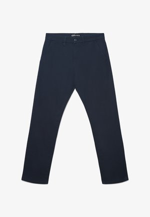 Chinosy w kolorze granatowym o prostych nogawkach, wykonane z lekkiego materiału. Posiadają boczne kieszenie oraz pojedyncze zapięcie na guzik z przodu.
