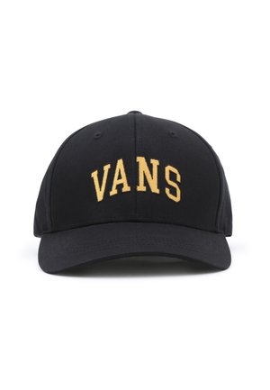 Cappellino da baseball nero con logo "VANS" ricamato in oro, design strutturato e visiera curva. Tessuto liscio con dettagli di cucitura.