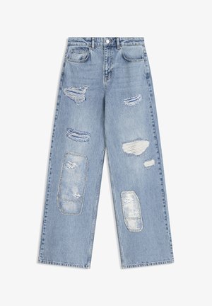 Light blue high-waist wide-leg jeans with distressed rips and patches on front thighs and knees, button and zipper closure, five-pocket style.