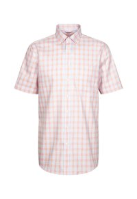 Korte mouw button-up overhemd met een roze en witte ruitpatroon, gemaakt van lichte stof met een puntige kraag en een enkele borstzak.