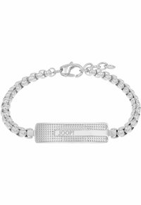 Pulsera de metal plateado con un diseño enlazado, una barra plana y texturizada con grabado "JOOP!" y cierre de langosta.