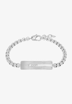 Bracelet en métal argenté avec un design maillé, une barre plate et texturée portant l'inscription "JOOP!" et une fermeture à clasp en forme de homard.