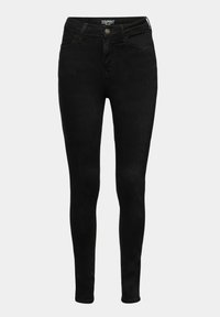 Jean slim noir avec bouton devant, passants de ceinture et style cinq poches, présenté sur fond uni.