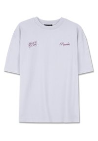 Biała bawełniana koszulka z krótkimi rękawami, okrągłym dekoltem oraz bordowym haftem z napisem: "Whispers of Gold" oraz "Pegador."